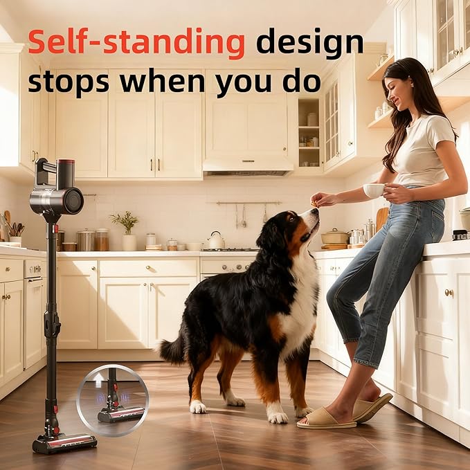 Cordless Vacuum Cleaner for HomeCleans Under Furniture Without Bending40Kpa 45MinsSelf-StandingPowerful Stick Vacuum Cordless for Pet HairHard FloorsCarpetsCar