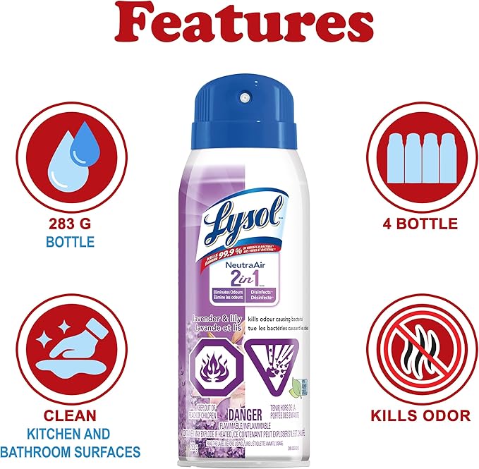 Lysol Neutra Air 2 in 1 Disinfectant Spray Lavender and Lily Scent Eliminates Odors 10 Ounces (Pack of 4)