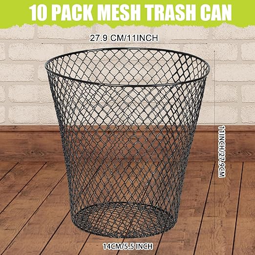 10 Pack 11inch Black Round Waste BasketWire Mesh Desk Metal Trash Garbage Can Wastebasket Recycling Trash Bins Garbage Container for Bedroom Office School