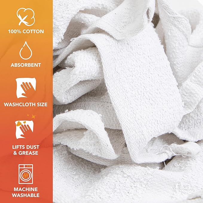 Arkwright W11 Terry Cloth Towels for Cleaning - Soft Cotton Blend Washable Multi-Purpose Bar Mop Absorbent &amp Quick Dry Bag of Rags for Kitchen Auto Shop and Garage 10 lb White