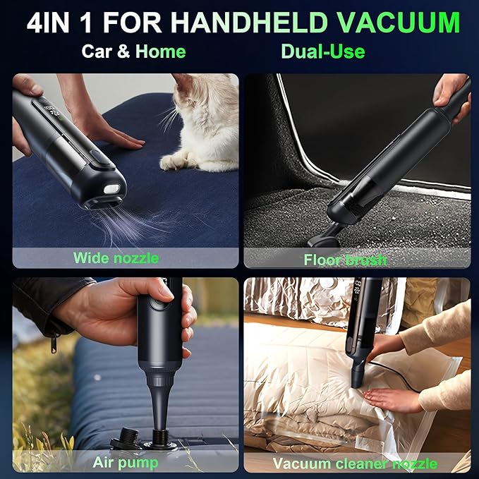 Car Vacuum Handheld Vacuum Cordless 19000Pa 4-in-1 Mini Portable Cleaner with Green LED Detection Light 2 Modes for Car Home Office Desk &amp Keyboards Rechargeable Washable Filter