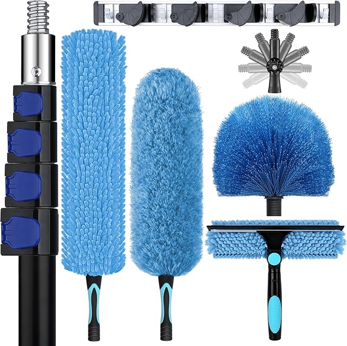36ft High Ceiling Duster Kits with 5-30ft Heavy Duty Extension Pole - Fan Blade Cleaner Cobweb Remover &amp Blue Window Squeegee Kit Washable Dust Brush for High Roof and Glass Surfaces
