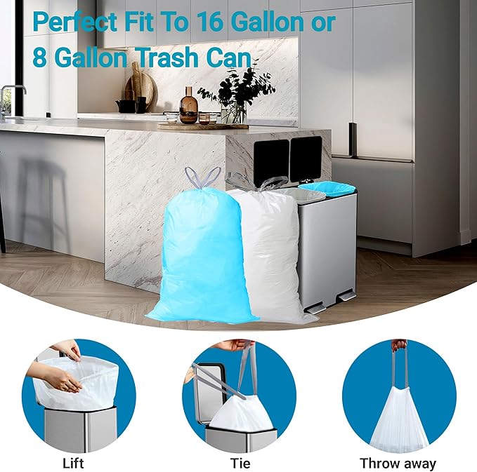 8 Gallon Trash bags for Dual Compartment Can (2 x 8 Gallon) 100 Count 1.0 Mil Thickness Drawstring Kitchen Garbage Liner Pre-Separated Compatible with Liner Code 30A Blue White Kit
