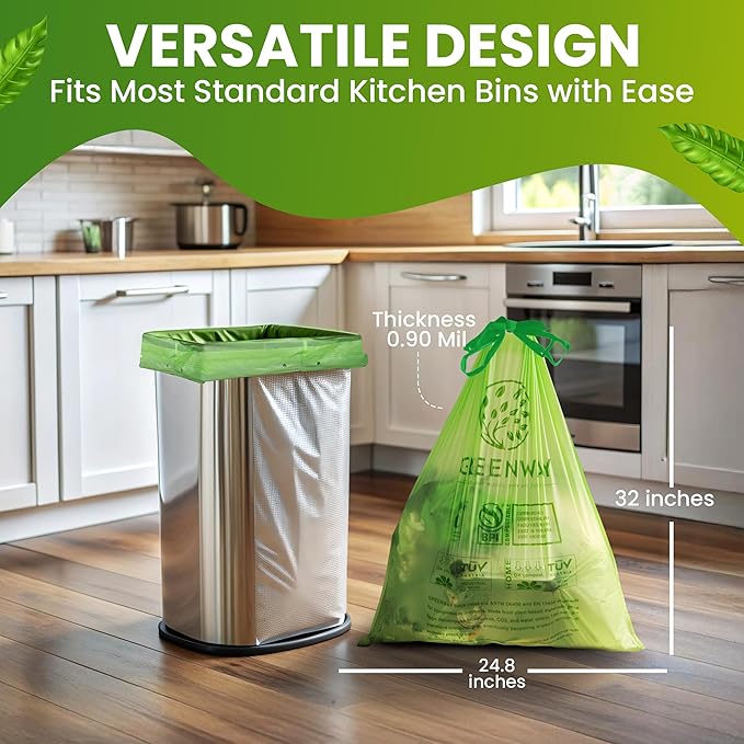 GREENWAY 13 Gallon Compostable Trash Bags Drawstring 50 Bags Heavy Duty Extra Thick 0.90 Mil Tall Kitchen Food Scrap Waste Bags US BPI and Europe OK Compost Home Certified