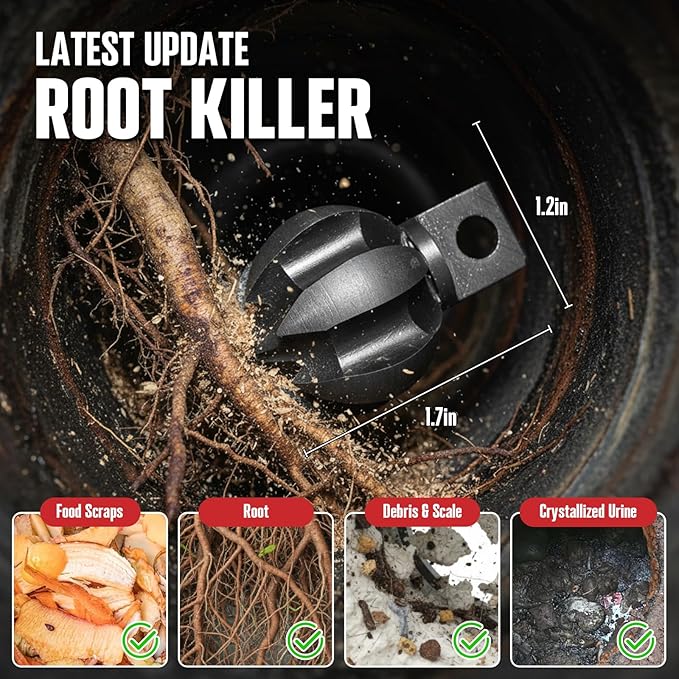 POPULO 75 ft x 1/2 inch Upgraded Electric Sewer Drain Snake Auger with 8 Cutters and 1 Root Killer for 2-4 inch Pipes Auto Feed Plumbing Drain Cleaner Machine PEDC-75 Generation Two
