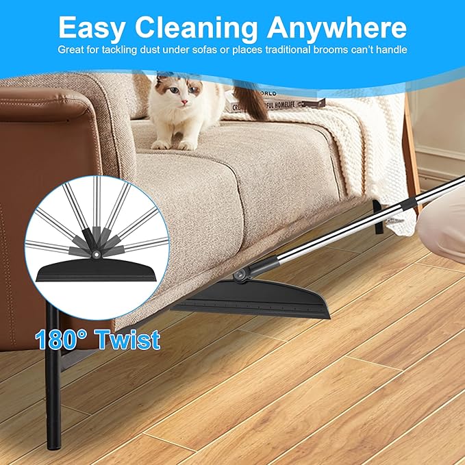 Broom with Dustpan Combo Set and Silicone Air Broom Kit 51 Long Handle Floor Squeegee Black Household Kit for Glass Window Rugs Pet Hair Home