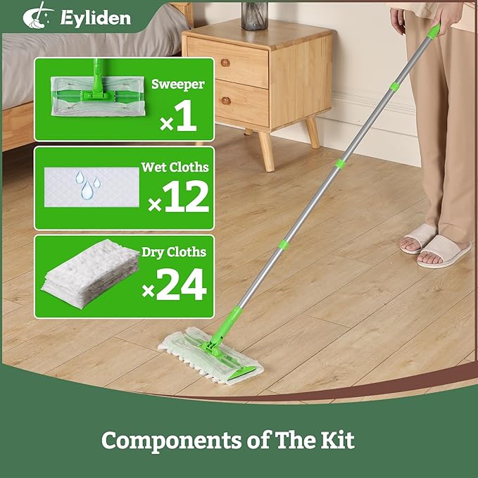 Eyliden Sweeper Mop with 36 Refills - 3 Types of Disposable Dry &amp Wet Cloths | Lock-Tight Design No Lost Pads Universal Refills Multi-Surface Sweeping Starter Kit for Pet Hair Dust Floor Clean