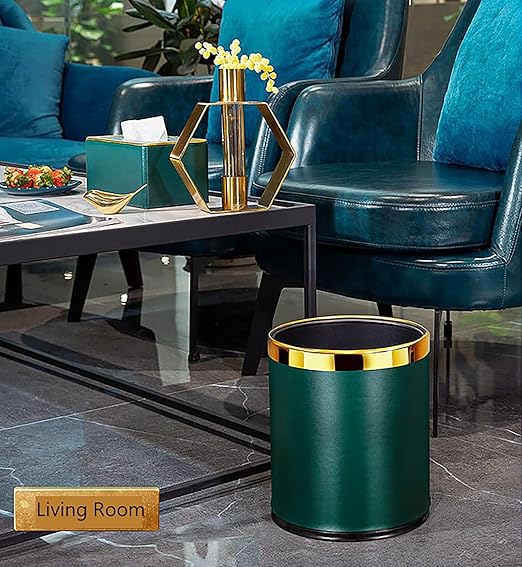 Elegant Leather Trash Can Decorative Metal Wastebasket with Removable Stainless Steel Ring - Open Top Garbage Bin for Office Bedroom Hotel (Morandi Green 10L)