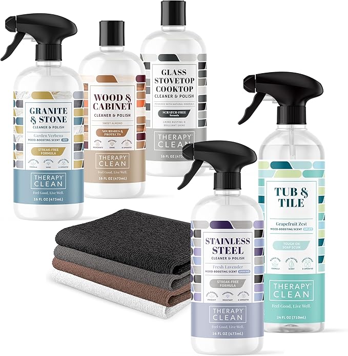 Therapy Clean Home Essentials Bundle - Cleaning Supplies Bundle Kit New Home - House Cleaning Kit - Household Gift Set - Stainless Granite Bathroom and Wood with Microfiber Cloths