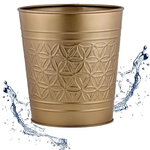 Autumn Alley Antique Gold Trash Can Hand Crafted Bin Round Bathroom Trash Can Open-Top Gold Garbage Can for Bedroom Home Office - Modern Waste Basket Stylish Metal Modern Bathroom Décor
