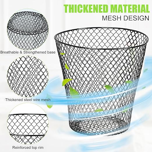 10 Pack 9 inch Round Waste BasketWire Mesh Desk Metal Trash Garbage Can Wastebasket Recycling Black Trash Bins Garbage Container for Bedroom Office School Kitchen Home Living Room Bathroom