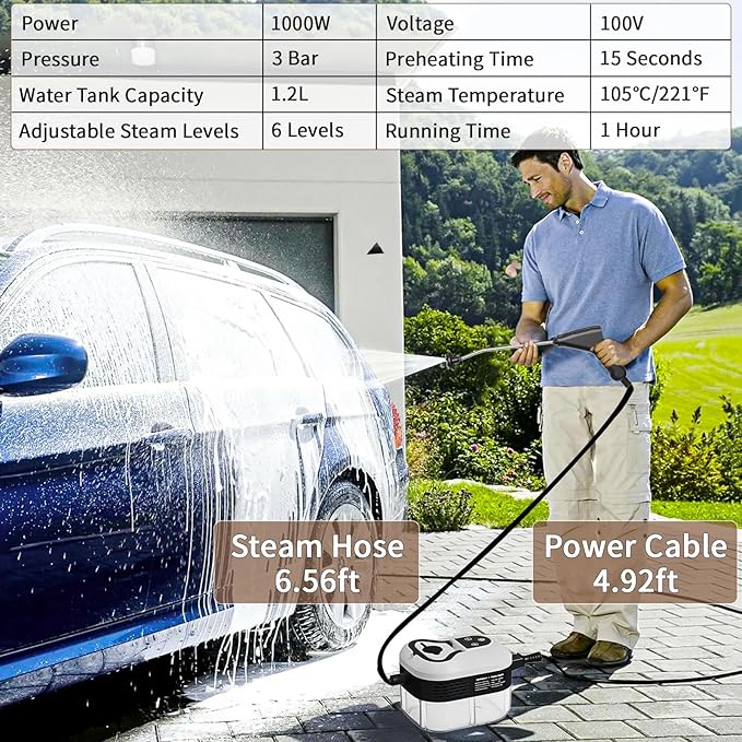 Portable Steam Cleaner 2500W Pressurized Handheld Steam Cleaner with 1.2L Water Tank 6 Levels Steam Output 15s Fast Heating Steamer for Cleaning Home Furniture Bathroom Car Detailing (White)