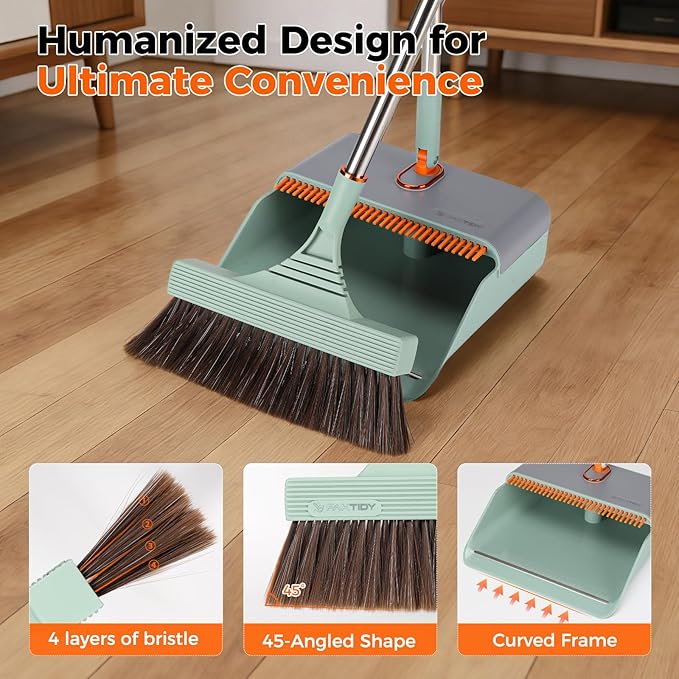 Broom and Dustpan Set with Adjustable Handle Upright Design Built-in Comb Teeth Mint Green for Home Office Hardwood Floors Pet Hair (Green/Gray)