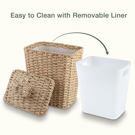 Wicker Trash Can with Lid and Liner - Rattan Trash Can for Bathroom - Decorative Wicker Waste Basket for Bedroom Kitchen and Office (Natural Seagrass)