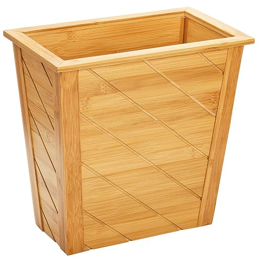 Frcctre Bamboo Waste Basket Rectangular Compact Waste Trash Can Garbage Bin Built-in Handles Brown Container Bin for Bedroom Office Living Room Kitchen Bathroom