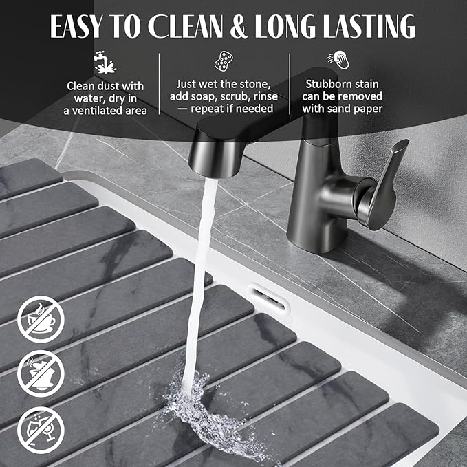 Large Stone Dish Drying Mats for Kitchen Counter 24(L)×16(W) Marble Drying Collapsible Dish Drying Mat Eco-Friendly Absorbent Diatomaceous Earth Mats for Dishes Bottles Cups - Dark Grey