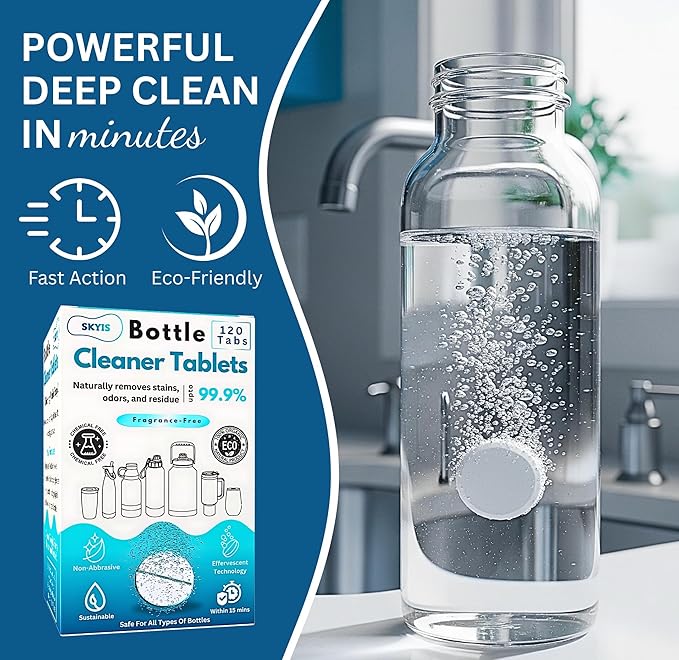 120 Pcs Water Bottle Cleaning Tablets Bottle Cleaning Tablets for Stainless Steel Water Bottles &amp Tumblers Bottle Cleaner tablets are ideal cleaner for all Water Bottles Removes Odor &amp Stai