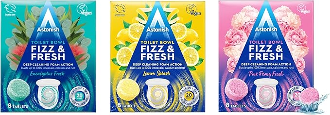 Astonish Fizz &amp Fresh Foaming Toilet Bowl Cleaner Tablets Bundle – Deep Cleaning Eucalyptus Lemon Splash &amp Pink Peony Scents – Limescale Calcium &amp Rust Remover for Hard-to-Reach Stains