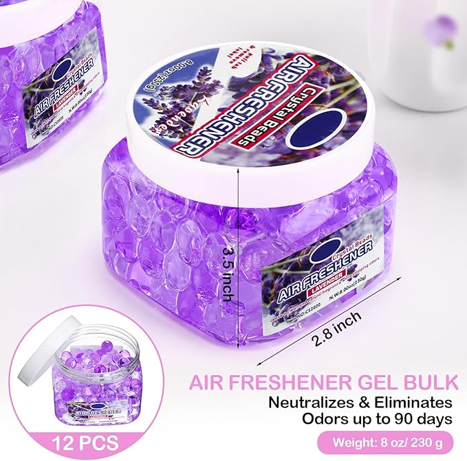 12 Pcs Gel Air Freshener Bulk Odor Gel Eliminator Beads 8 oz Long Lasting Air Freshener Beads Eliminates Odors in Home Bathrooms Cars Boats Rvs and Pet Areas(Lavender)