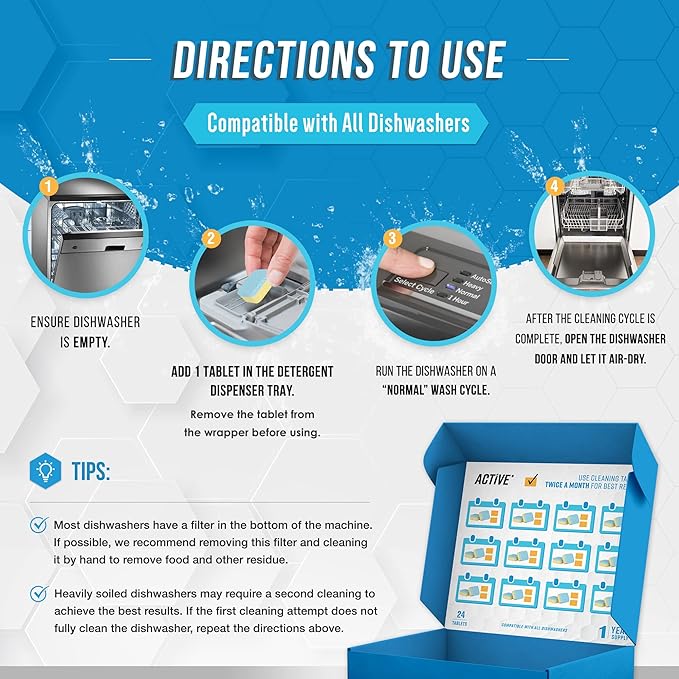 ACTIVE Ice Machine Cleaner and Dishwasher Cleaner - Includes 32oz Ice Maker Cleaning Solution and 24ct Dishwasher Tablets