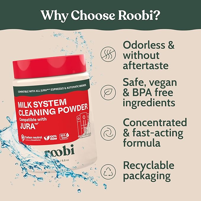 Roobi Compatible Milk System Cleaning Powder for Jura. Specially formulated for Jura Automatic Espresso Coffee Machines. 100% Vegan Carbon Neutral.