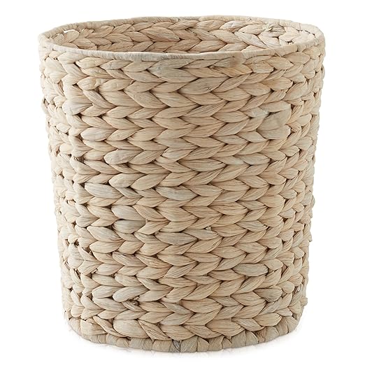 Casafield Water Hyacinth Waste Basket - Whitewash White Woven Wicker Trash Can for Bathroom Bedroom Laundry Room Home Office