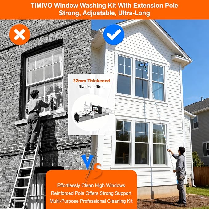 152'' Window Cleaning Kit 2 in 1 Window Squeegee with Extension Poles Window Cleaner Tools for Indoor/Outdoor High Window Car Glass