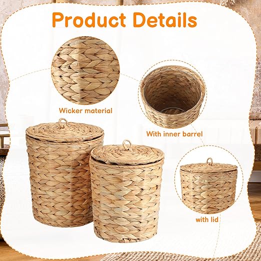 2 Pcs Wicker Trash Can with Lid and Liner 2.7 Gallon and 1.88 Gallon Wastebasket Garbage Can Boho Storage Basket for Bathroom Bedroom Home Office Kitchen