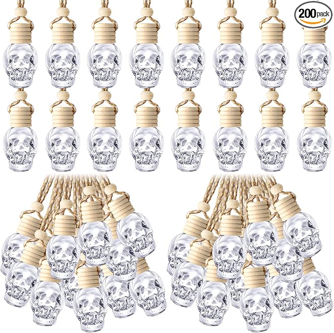 BBTO 200 Pcs Hanging Car Diffuser Bottles Bulk Empty Clear Glass Air Freshener Bottles with Wooden Cap for Perfume Essential Oils Fragrance Aromatherapy Ornament(Skull)