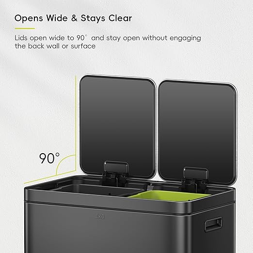 EKO Edison 8+8 Gallon Dual Trash Can for Recycling and Trash Stainless Steel Kitchen Step Can with Dual Removable Inner Bucket Independent Lids and Pedals Black