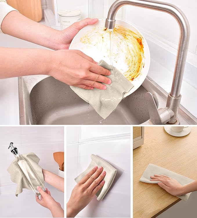 KitchLife Microfiber Cleaning Cloth Roll 100 Pack - Tear-Away Microfiber Paper Towels Lint-Free Reusable Washable for Kitchen Car Dishes and Sensitive Surfaces (Sand Beige)