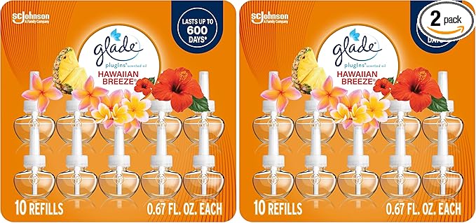 Glade PlugIns Refills Air Freshener Scented and Essential Oils for Home and Bathroom Hawaiian Breeze 6.7 Fl Oz 10 Count (Packaging May Vary) (Pack of 2)