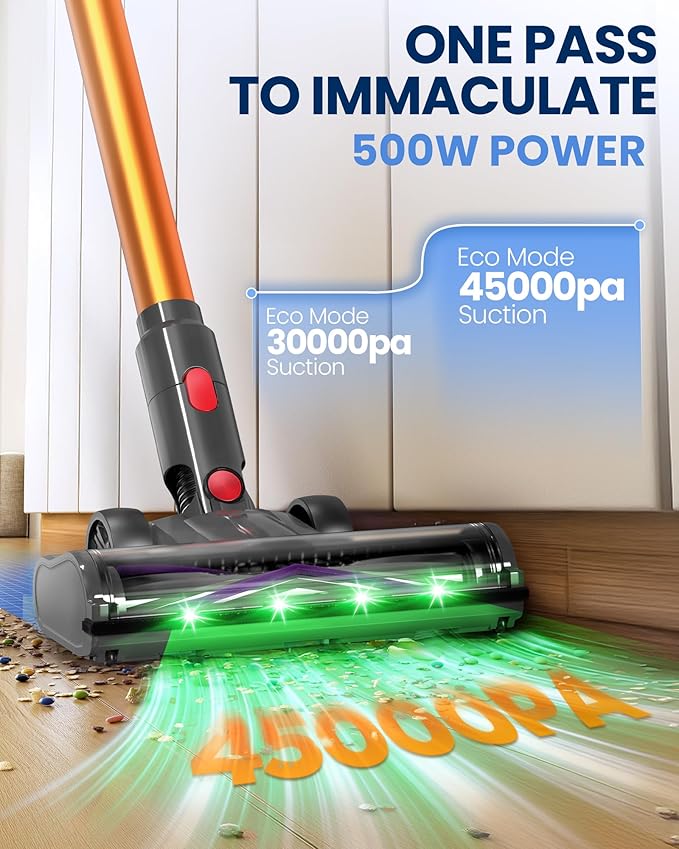 S8 Cordless Vacuum Cleaner 500W/45KPA/40Mins Lightweight Stick Vacuum for Home LED Display and Green Headlights 6-Stages Filtration Self-Standing Vacuum for Hard Floor Carpet and Pet Hair