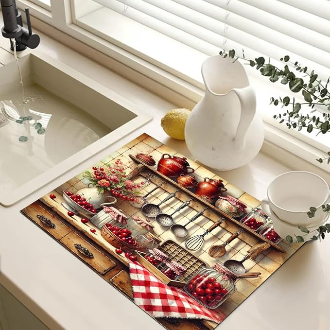 Stove Top Cover 28x20 Inch Diatomite Kitchen Mat Vintage Farmhouse Cherry Decor Heat Resistant Coffee Mat Dish Drying Mat Electric Stove Cover Cooktop Protector Counter Pad