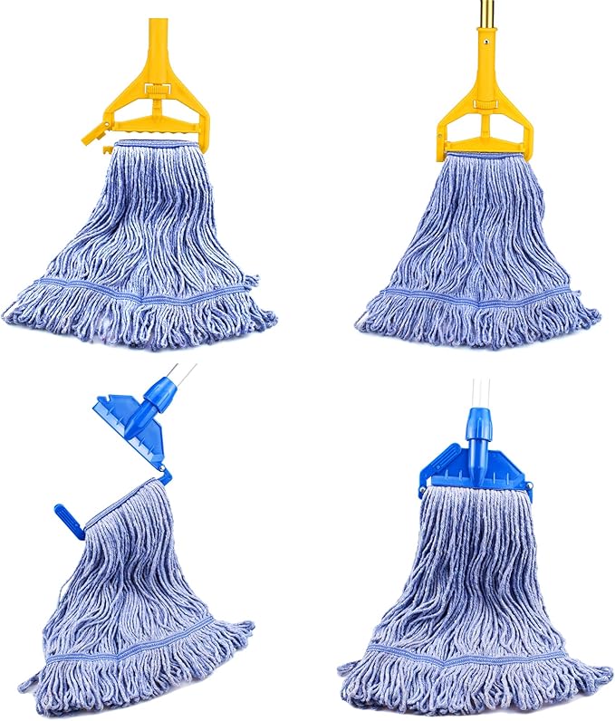String Mop Heads Replacement Heavy Duty Commercial Grade Blue Cotton Looped End Wet Industrial Cleaning Mop Head Refills (3 Medium)