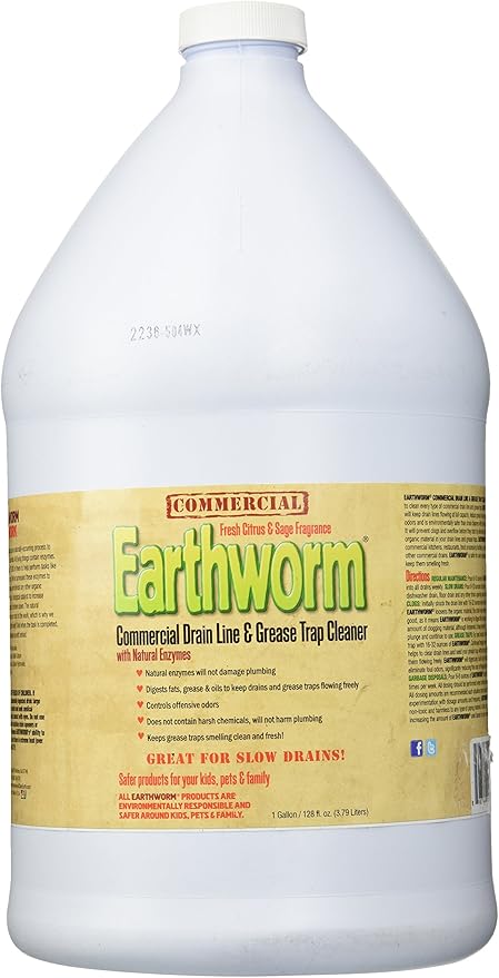Earthworm Commercial Drain Line and Grease Trap Cleaner Treatment - Clog Remover - Drain Opener/Deodorizer - Natural Enzymes Environmentally Responsible - 1 Gallon