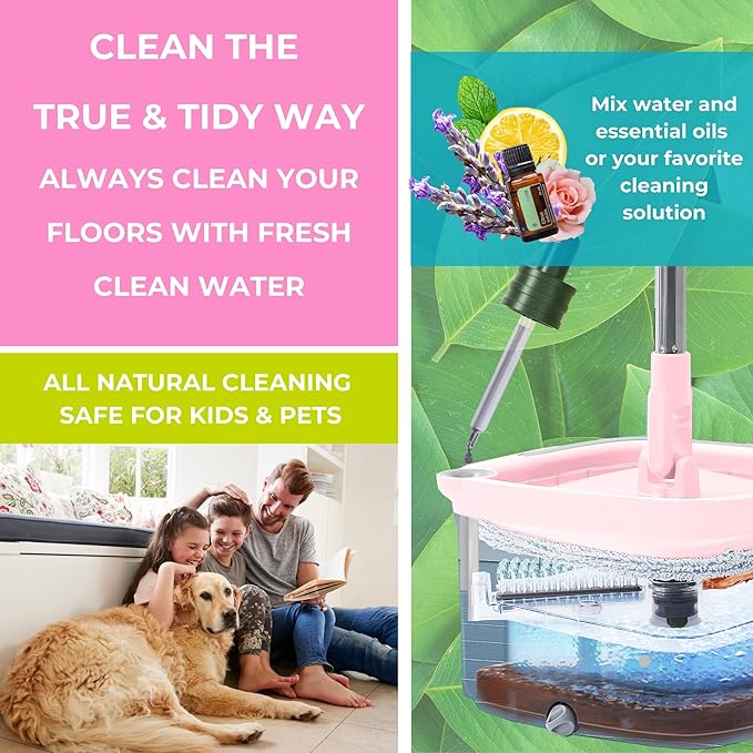 Square Spin Mop &amp Bucket Smart Floor Mop with Separate Compartments for Clean and Dirty Water Self Cleaning 2025 Upgraded Version w/Side Brush &amp Self-Standing Handle Rose