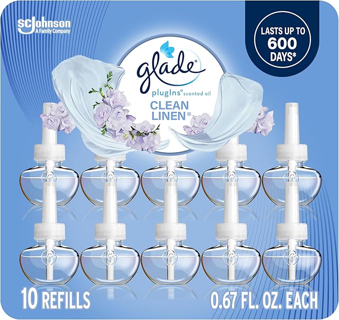 Glade PlugIns Refills Air Freshener Scented and Essential Oils for Home and Bathroom Clean Linen 6.7 Fl Oz 10 Count