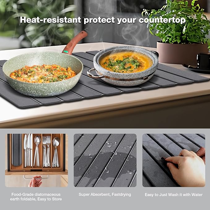 Large Diatomite Kitchen Counter Drying Mat – 24”x16” Aesthetic Stone Mat for Dishes Roll-Up Space-Saving &amp Quick-Drying Stone Rack