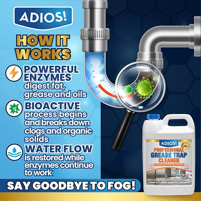 Professional Grease Trap Cleaner for FOG – Cleans Fats Oils &amp Grease from Drains Pipes Safe Enzyme Based Formula for Preventative Maintenance