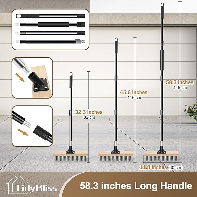 Stainless Steel Wire Scrub Brush with Long Handle Heavy Duty Stiff Metal Broom Scrubber Outdoor Moss Removal for Concrete Floor Deck Garden Patio Roof Brick Garage Swimming Pool