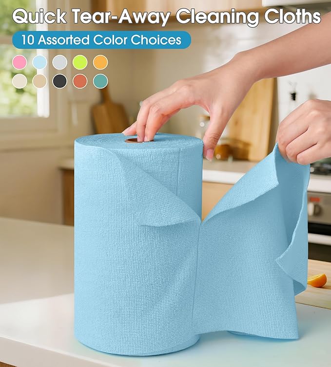 KitchLife Microfiber Cleaning Cloth Roll 100 Pack - Tear-Away Microfiber Paper Towels Lint-Free Reusable Washable for Kitchen Car Dishes and Sensitive Surfaces (Blue)