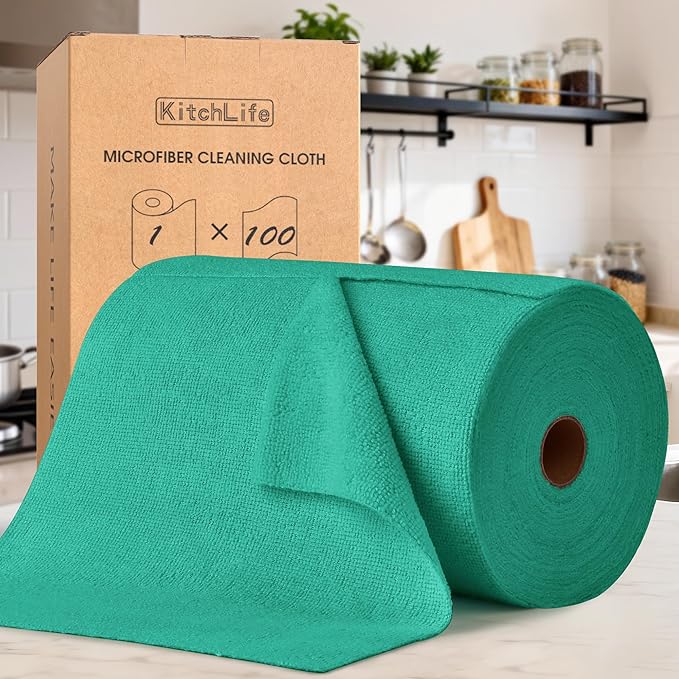 KitchLife Microfiber Cleaning Cloth Roll 100 Pack - Tear-Away Microfiber Paper Towels Lint-Free Reusable Washable for Kitchen Car Dishes and Sensitive Surfaces (Forest Green)