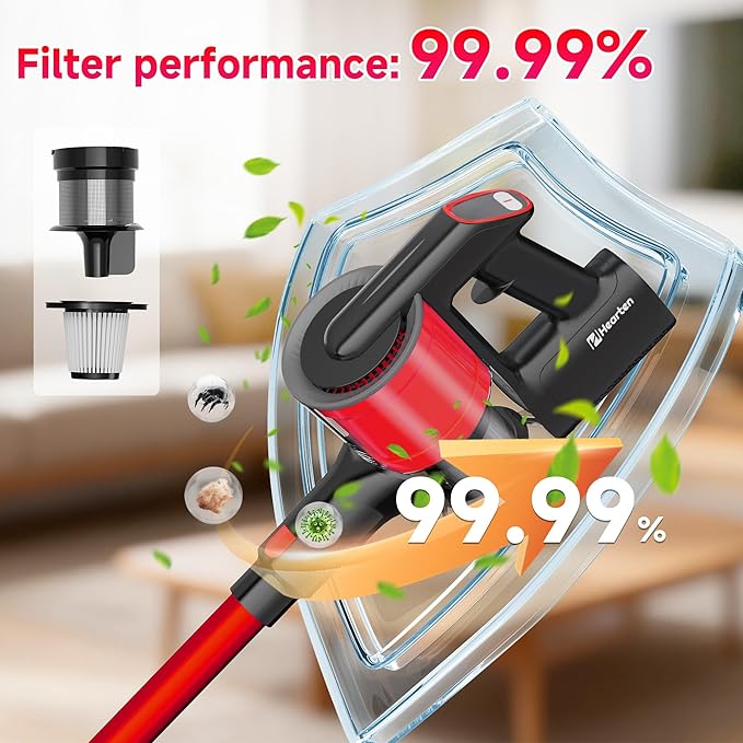 Hearten Cordless Vacuum CleanerUpgraded Stick Vacuum with LED Display Anti-Tangle Self-StandingAnti-TangleLightweightVacuum Cleaner for Home Pet Hair Carpet Hardwood Floor (A-Red)