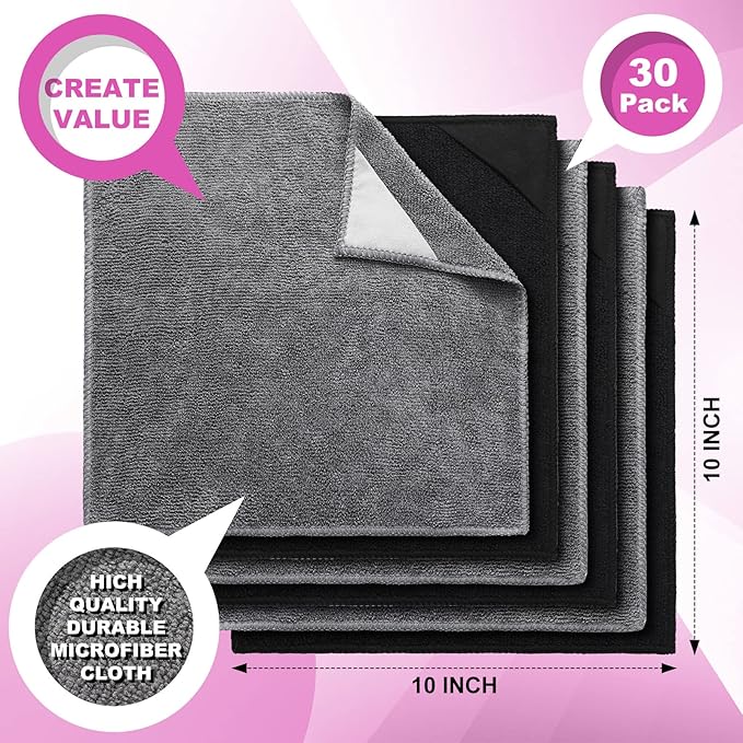 Tudomro 30 Pcs Magnetic Microfiber Cleaning Cloth Dry Erasers Bulk for Most Whiteboards Dry Erase Cloth Cleaner Reusable Home Office 10'' x 10''(Black Gray)