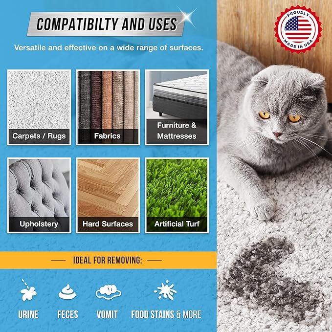 Pet Odor and Stain Eliminator - 32 oz ACTIVE Enzyme Cleaner for Dog &amp Cat Urine Stain Remover Spray for Carpet Upholstery Hardwood Spot Cleaning Deodorizer for Dogs Cats Pets - Natural Citrus