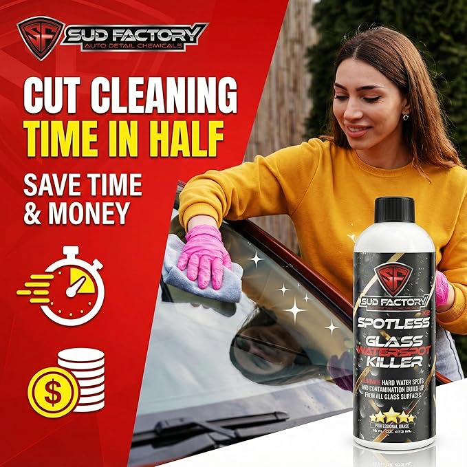 Sud Factory Hard Water Spot Remover for Glass Spotless X2 - Removes Water Stains from Shower Doors Car Windows Windshields - Professional Strength 16oz