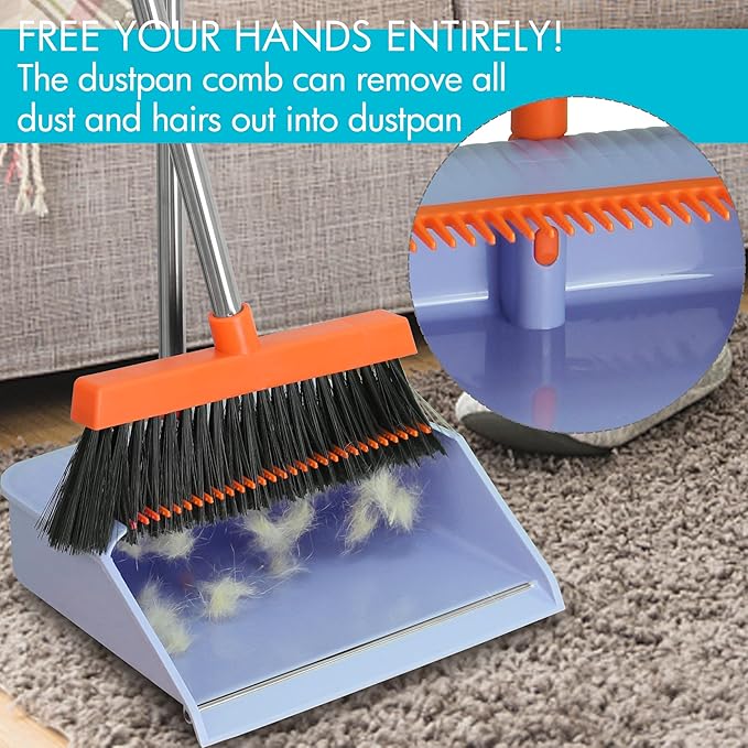PHYEX 2-Pack Broom and Dustpan Set for Sweeping Indoor Broom Dustpan with 48 Long Handle Broom with Dustpan Combo Set(Purple)