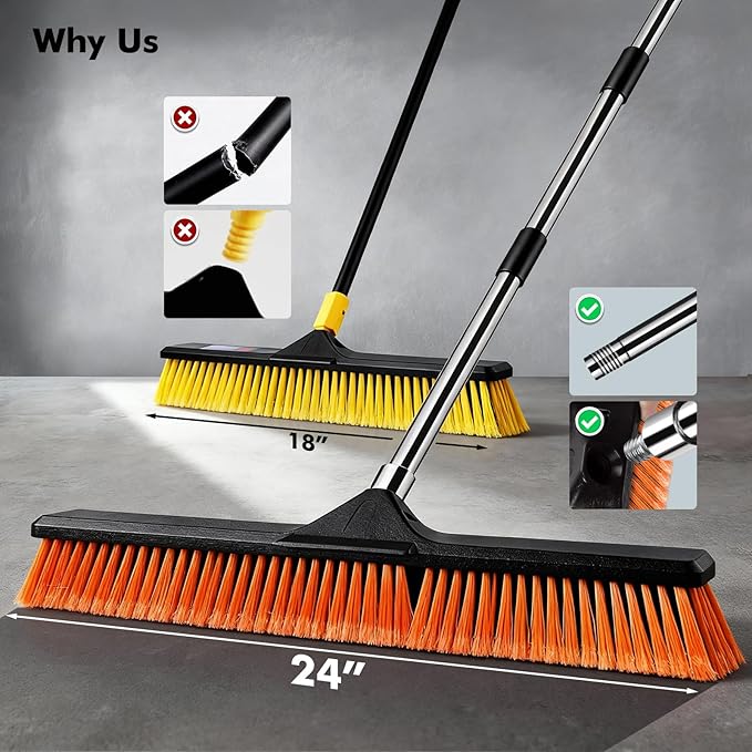 24 Push Broom Heavy Duty Outdoor Commercial Broom for Cleaning with 55 Long Handle and Stiff Bristles for Driveway Garage Yard Patio Warehouse Concrete Floor CleaningOrange