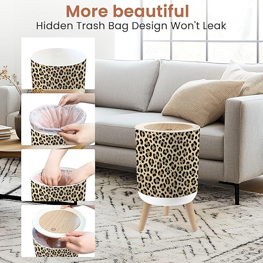 Bathroom Trash Can with Lid Leopard Design Garbage Bin Waste Basket for Kitchen Office Bedroom Decoration Diaper Pail 1.8 Gallon
